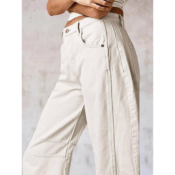 Women’s Mid Waist Crop Straight Leg Jeans Solid Stitch Casual Denim Pants - Picture 4 of 5